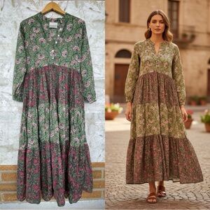 Lido Boho Maxi Dress Green Pink Floral Button Front Tiered Long Sleeve  medium